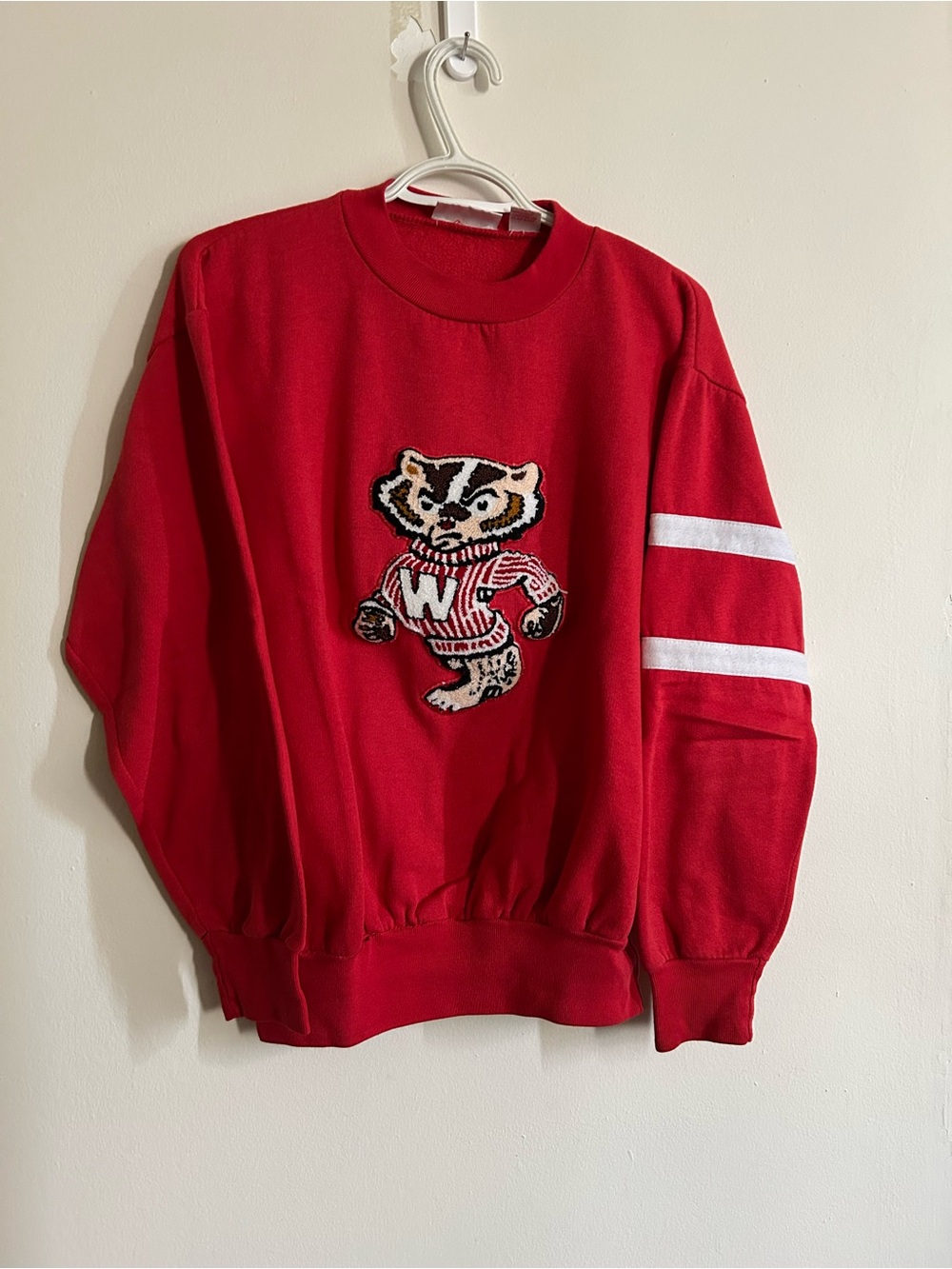 Vintage Red Crewneck Sweatshirt with White Sleeve Stripes and Mascot Patch